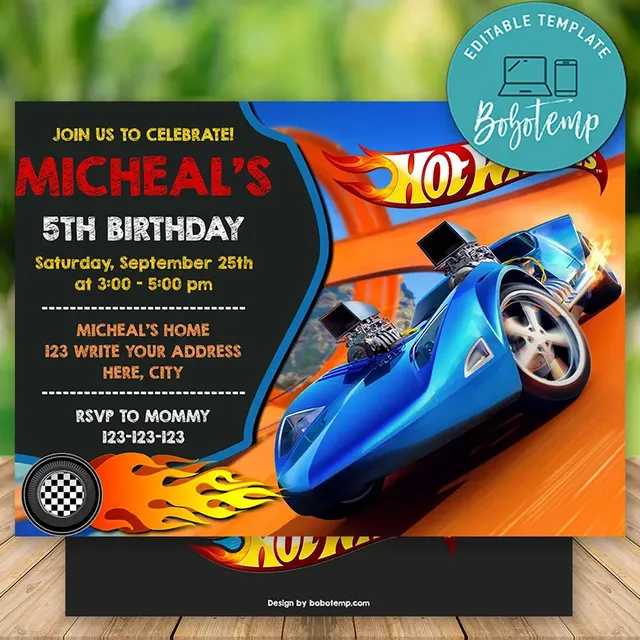Editable Hot Wheels Birthday Invitations Instant Download | Bobotemp