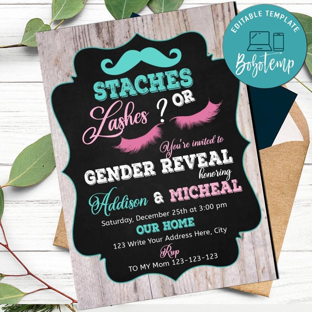 Staches or Lashes Gender Reveal Invitation Printable DIY | Bobotemp