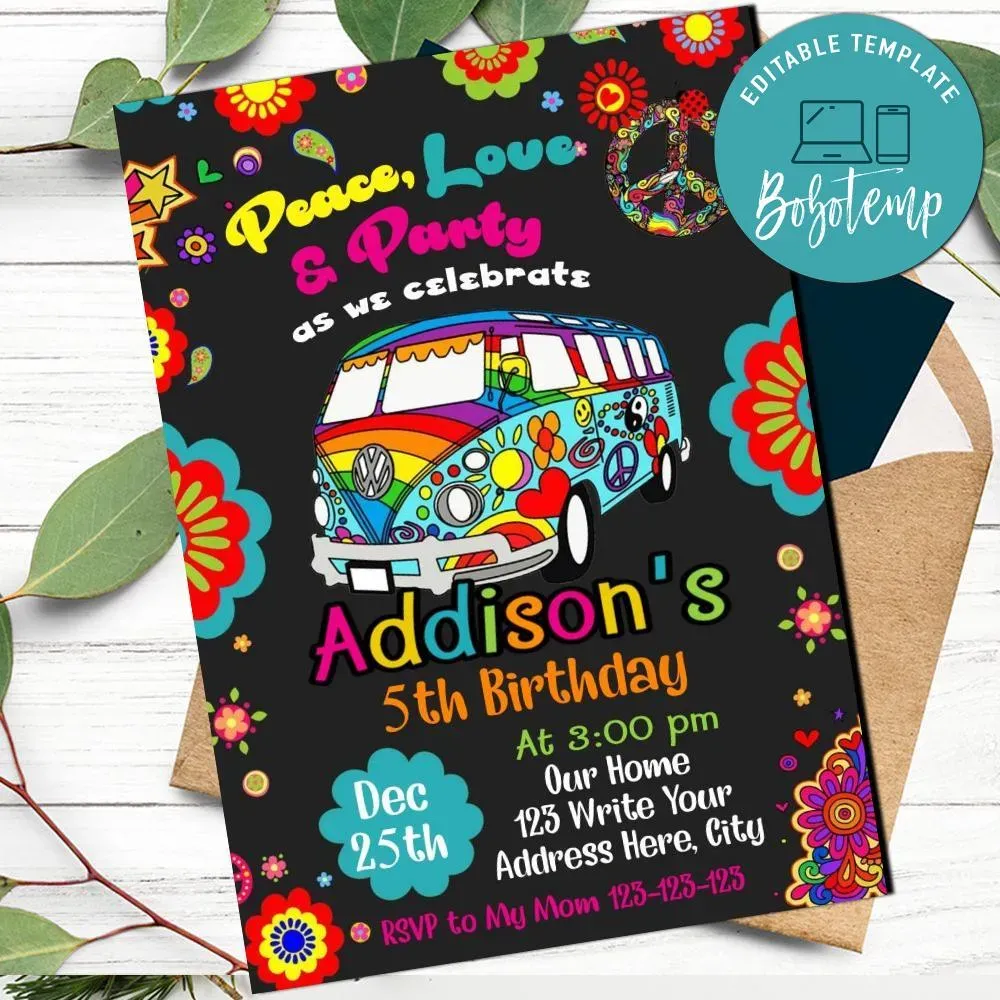 Hippie Birthday Invitation Template to print at home | Bobotemp