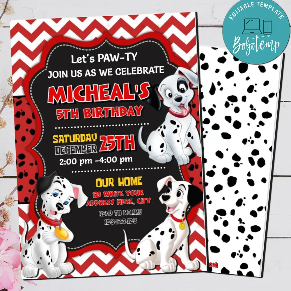 Editable 101 Dalmatians Birthday Party Invitation Digital File
