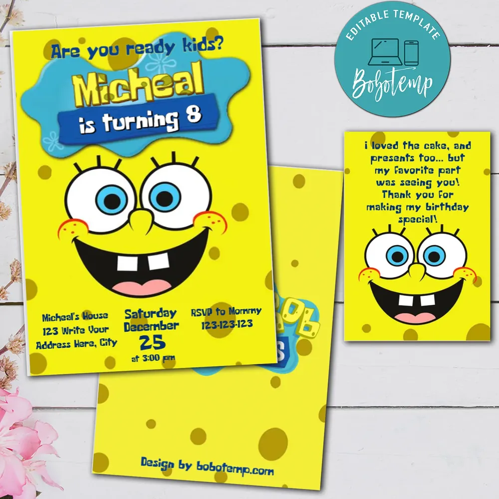 Editable Spongebob Birthday Invitation And Thank You Card Diy