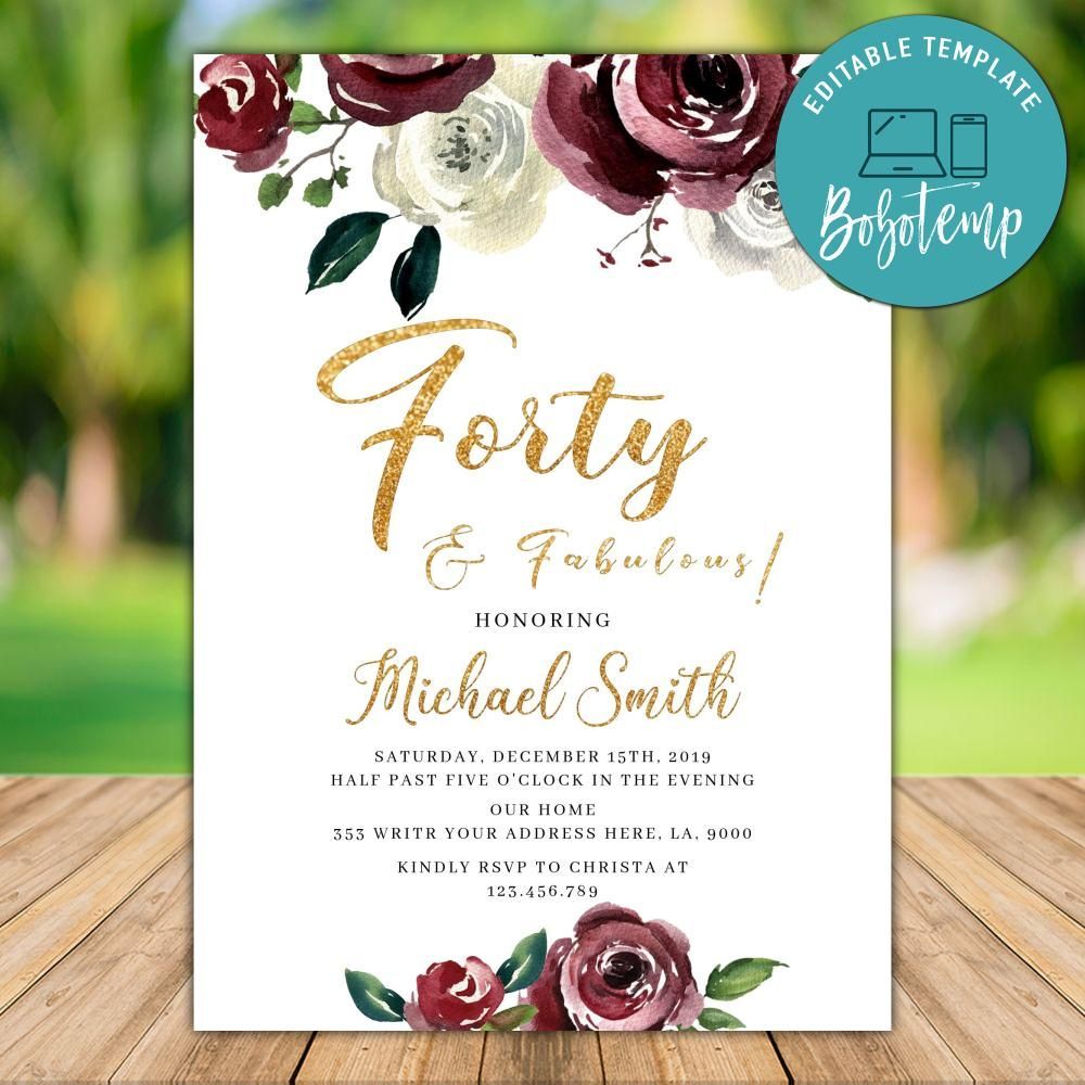 Editable Forty And Fabulous Birthday Invitation Instant Download 