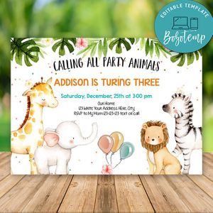 Editable Zoo Safari Animals Boy Birthday Invitations Instant Download