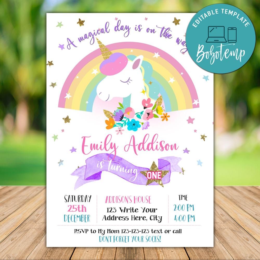 Printable Rainbow Unicorn First Birthday Invitation DIY | Bobotemp