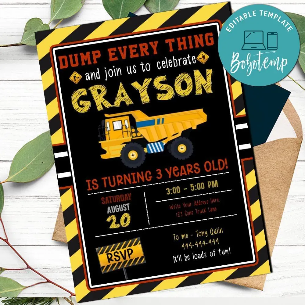 Dump Truck Invitation Template to print at home DIY | Bobotemp