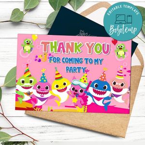 Girl Baby Shark Thank you card Template to Print at Home Instant Download