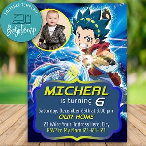 Editable Beyblade Burst Invitation With Photo and Free Thank You Tag Instant Download