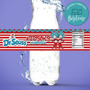 Thing 1 and thing 2 Birthday Water Bottle Label Template to Print at Home Instant Download