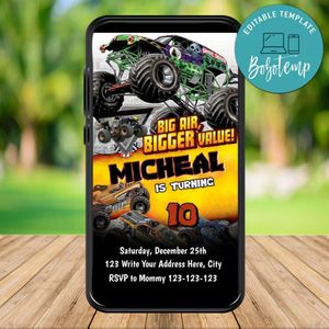 Mobile Monster Truck Birthday Electronic Invite Invitation Instant Download