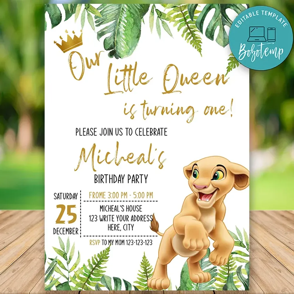 Printable Nala Lion King 1st Birthday Flyer DIY | Bobotemp