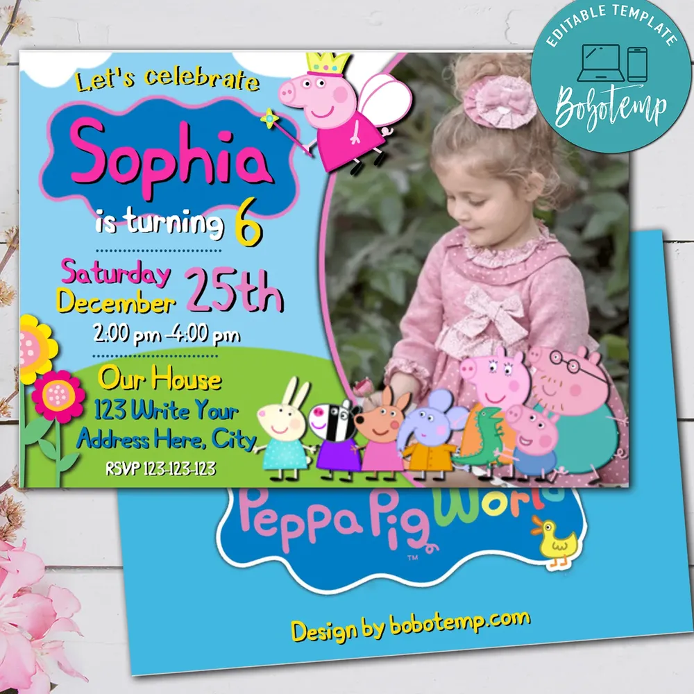 Editable Peppa Pig Birthday Invitation With Photo Digital File Bobotemp
