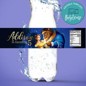 Beauty and The Beast Birthday Water Bottle Label Template to Print at Home Instant Download