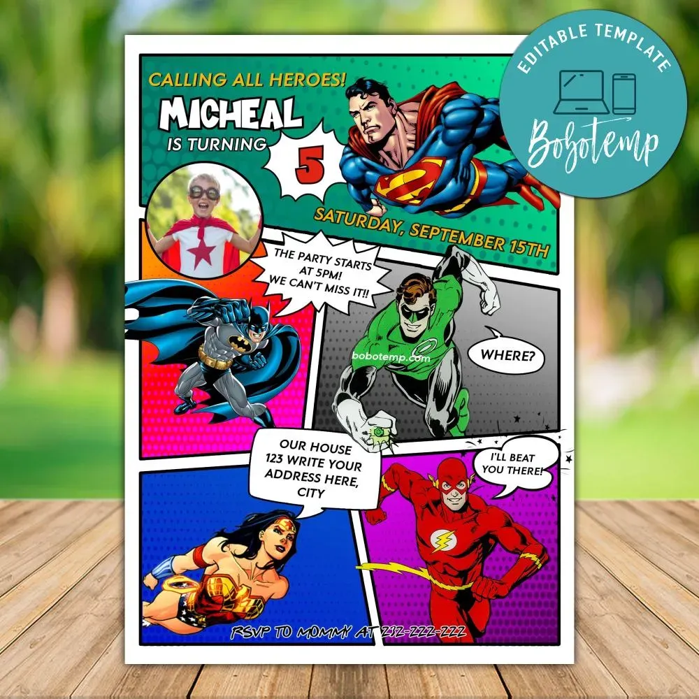 Printable DC Comics Invitation Template With Photo DIY | Bobotemp