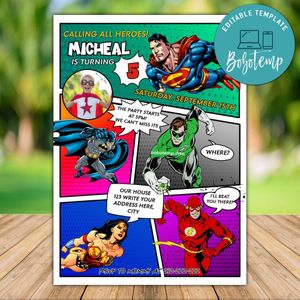 Printable DC Comics Invitation Template With Photo Instant Download