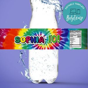 Tie Dye Birthday Water Bottle Label Template to Print at Home Instant Download