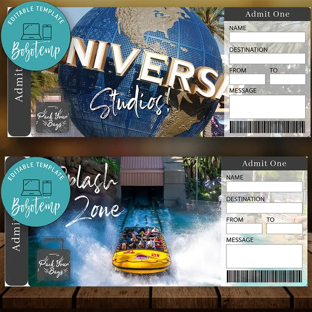 Editable UNIVERSAL STUDIOS Surprise Trip Tickets Instant Download