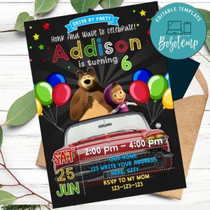 Masha and Bear Drive By Birthday Parade Invitation Printable Instant Download
