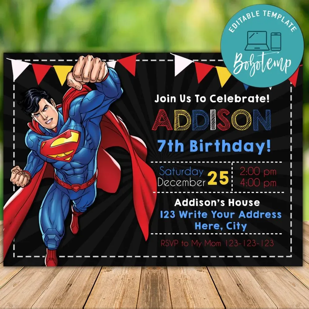 Editable Superman Birthday Invitation Instant Download Bobotemp
