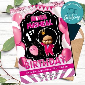 Digital African Girl Boss Baby invitations Customizable Template Instant Download