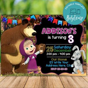 Masha and the Bear Invitation Customizable Template Instant Download