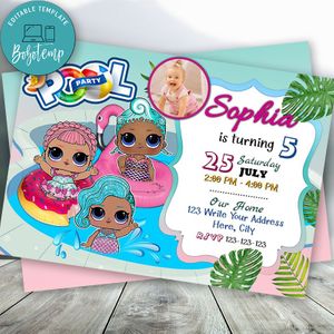 Editable Lol doll Pool Party With Photo and Free Thank You Tag Instant Download