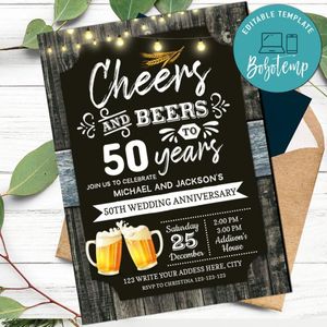Cheers and Beers 50th Wedding Anniversary Invitation Printable Instant Download