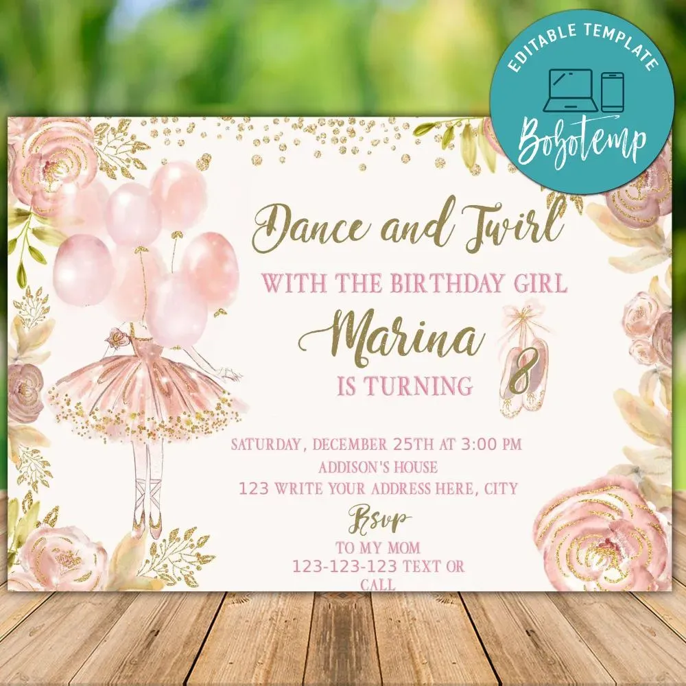 Editable Pink And Gold Ballerina Birthday Invitation Diy Bobotemp