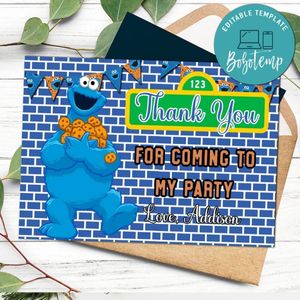 Cookie Monster Thank you card Template to Print at Home Instant Download