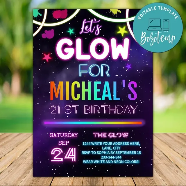 Printable Neon Glow In The Dark 21st Birthday Invitation DIY | Bobotemp