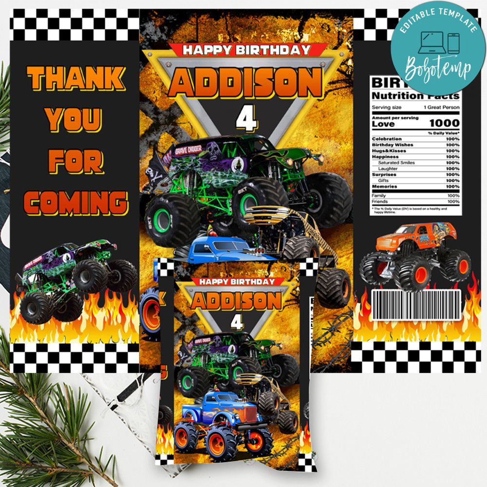 Monster Truck Chip Bag Digital File Printable DIY Createpartylabels
