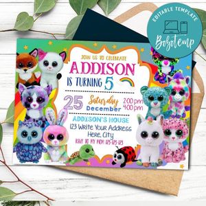 Fluffy Beanie Boo Invitation Customizable template Instant Download