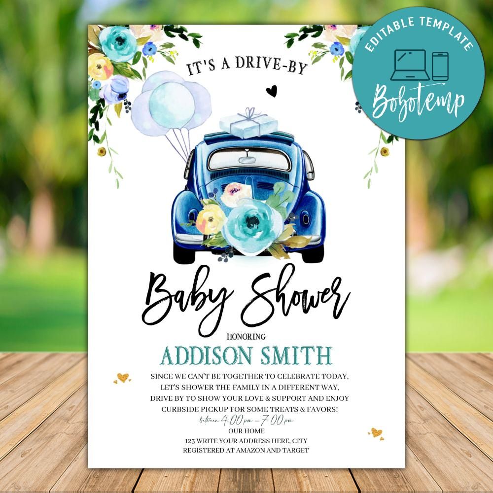 Greenery Floral Drive By Baby Shower Parade Invitation Bobotemp