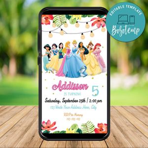 Mobile Disney Princess Birthday Electronic Invite Invitation for Girl Instant Download