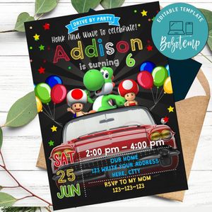 Super Mario Yoshi Drive By Birthday Parade Invitation Printable Instant Download