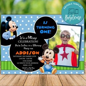 Printable Baby Mickey Mouse 1st Birthday Invitations Instant Download