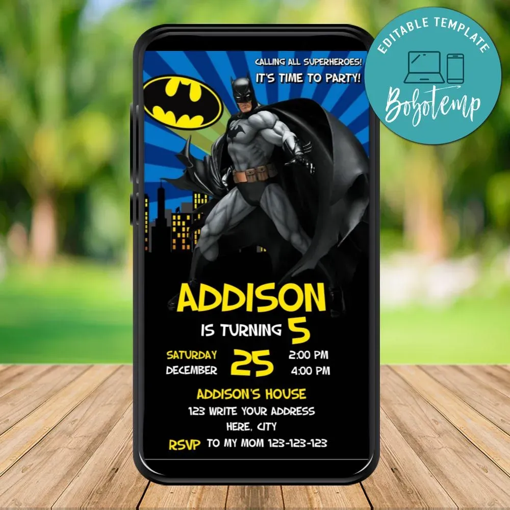 Mobile Batman Super Hero Birthday Electronic Invite Invitation | Bobotemp