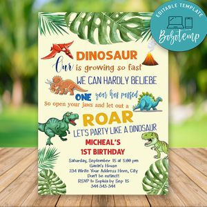 Dinosaur First Birthday Invitation, T rex Dinosaur Birthday Party Invite