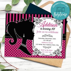 Barbie Silhouette Birthday Invitation Printable Instant Download