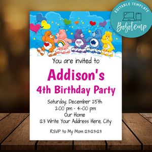 Editable Care Bears Birthday Invitations Instant Download