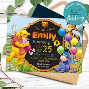 Editable Winnie the pooh for 1st birthday Flyer Instant Download