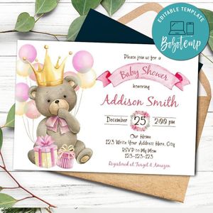 Pink teddy bear Invitation Customizable Template Instant Download