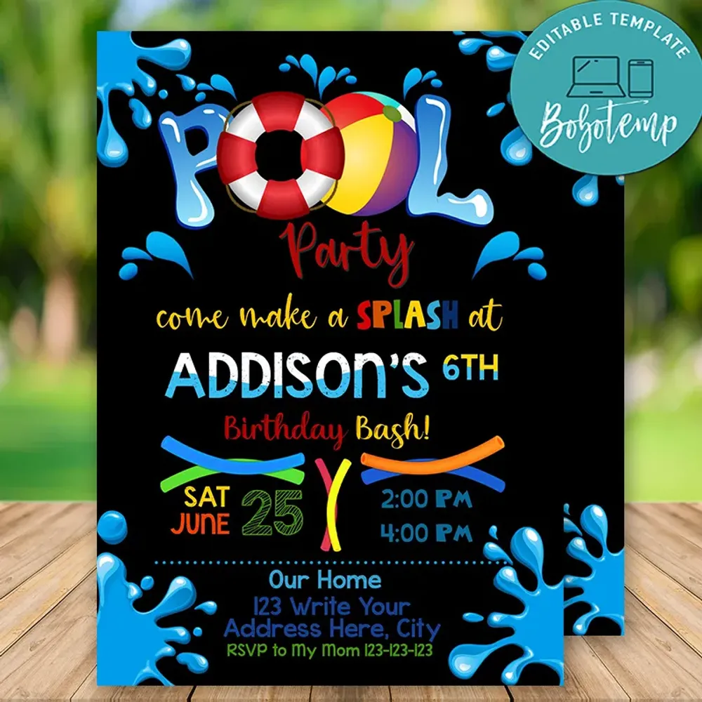 Editable Chalkboard Pool Party Birthday Invitations Diy Bobotemp