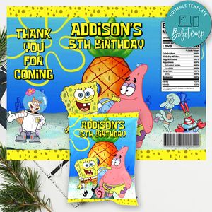 Spongebob Birthday Chip Bag Digital File Printable Instant Download