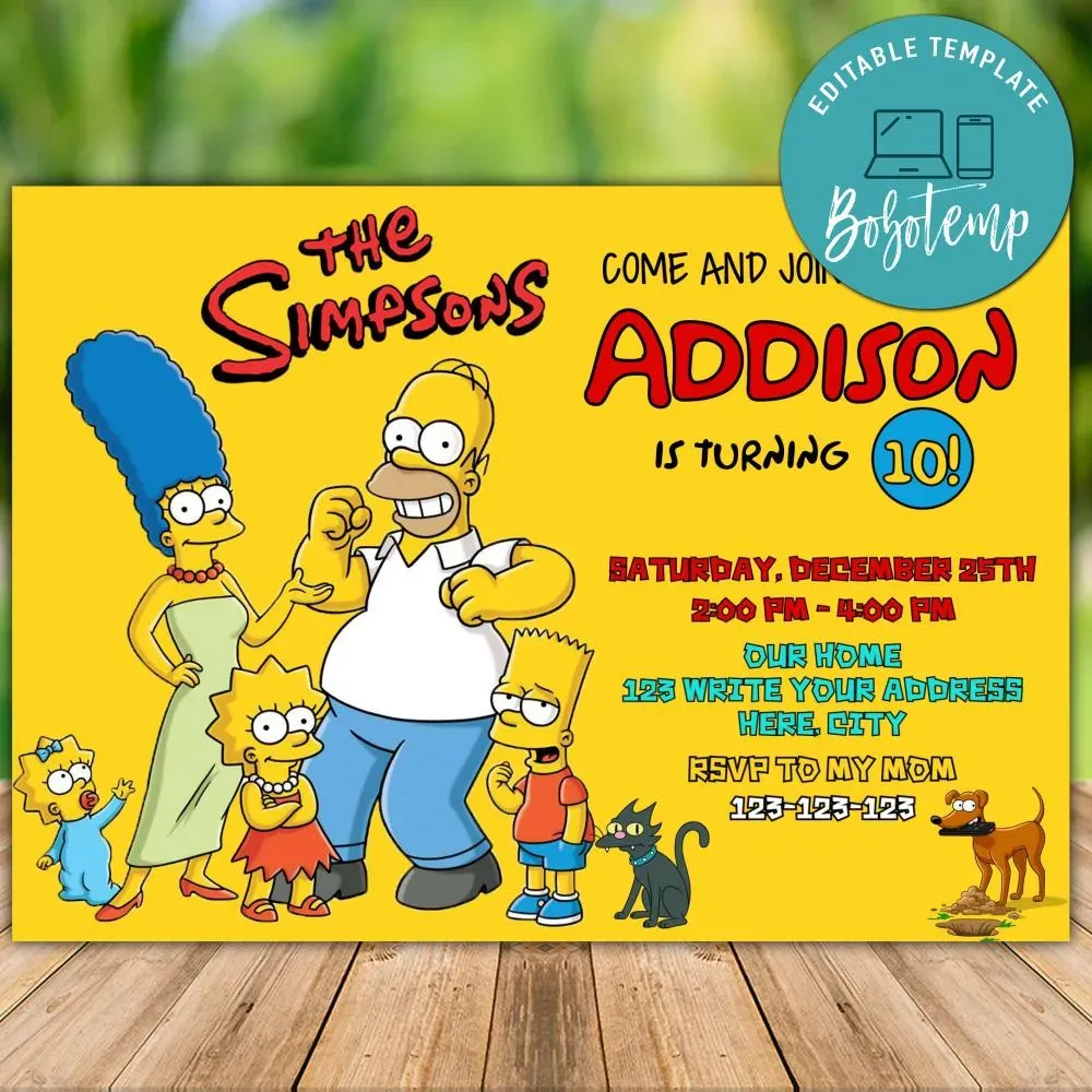 Printable Simpsons Birthday Invitation Instant Download | Bobotemp