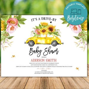 Printable Blue Floral Drive By Baby Shower Parade Invitation Instant Download