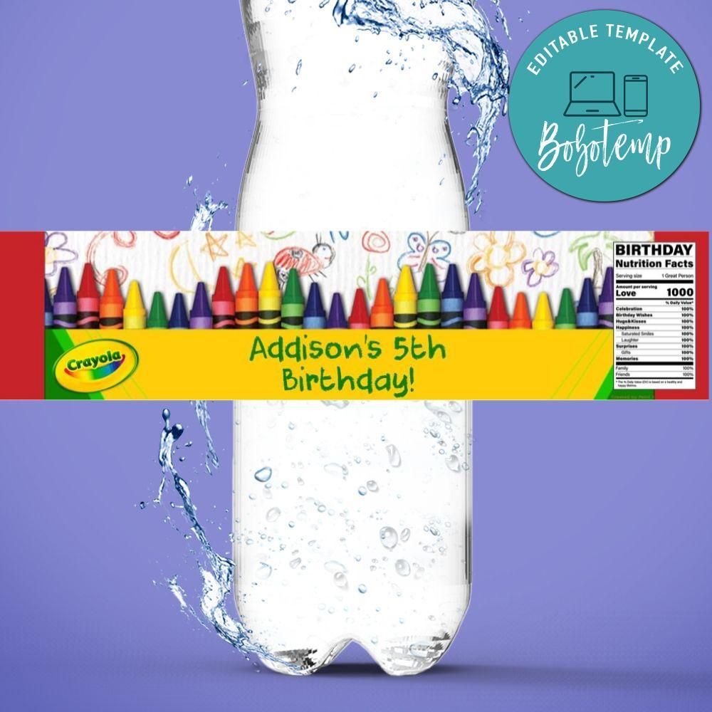 Crayola Crayons Birthday Water Bottle Label Template DIY Bobotemp