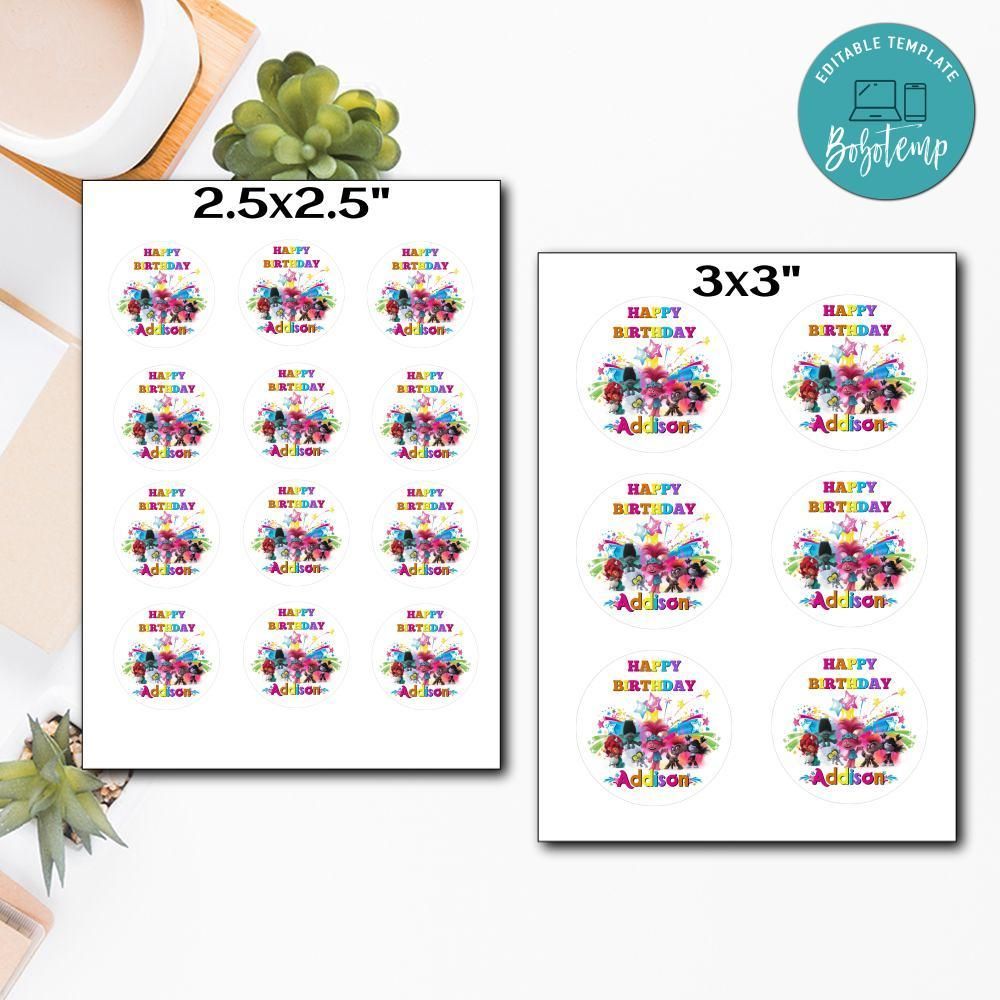 Customized Trolls 2 Printed Happy Birthday Sticker Sheets