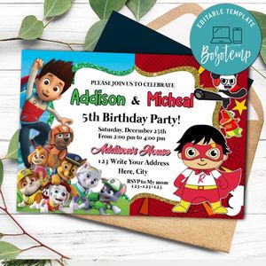 Paw Patrol And Ryans World Twins Birthday Invitation Printable Instant Download