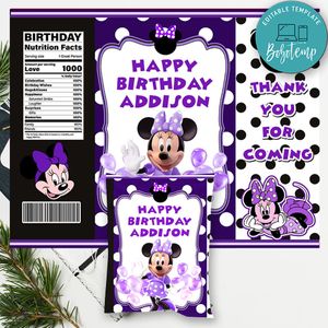 Minnie Mouse Purple Polka Dot Birthday Chip Bag Digital File Printable Instant Download
