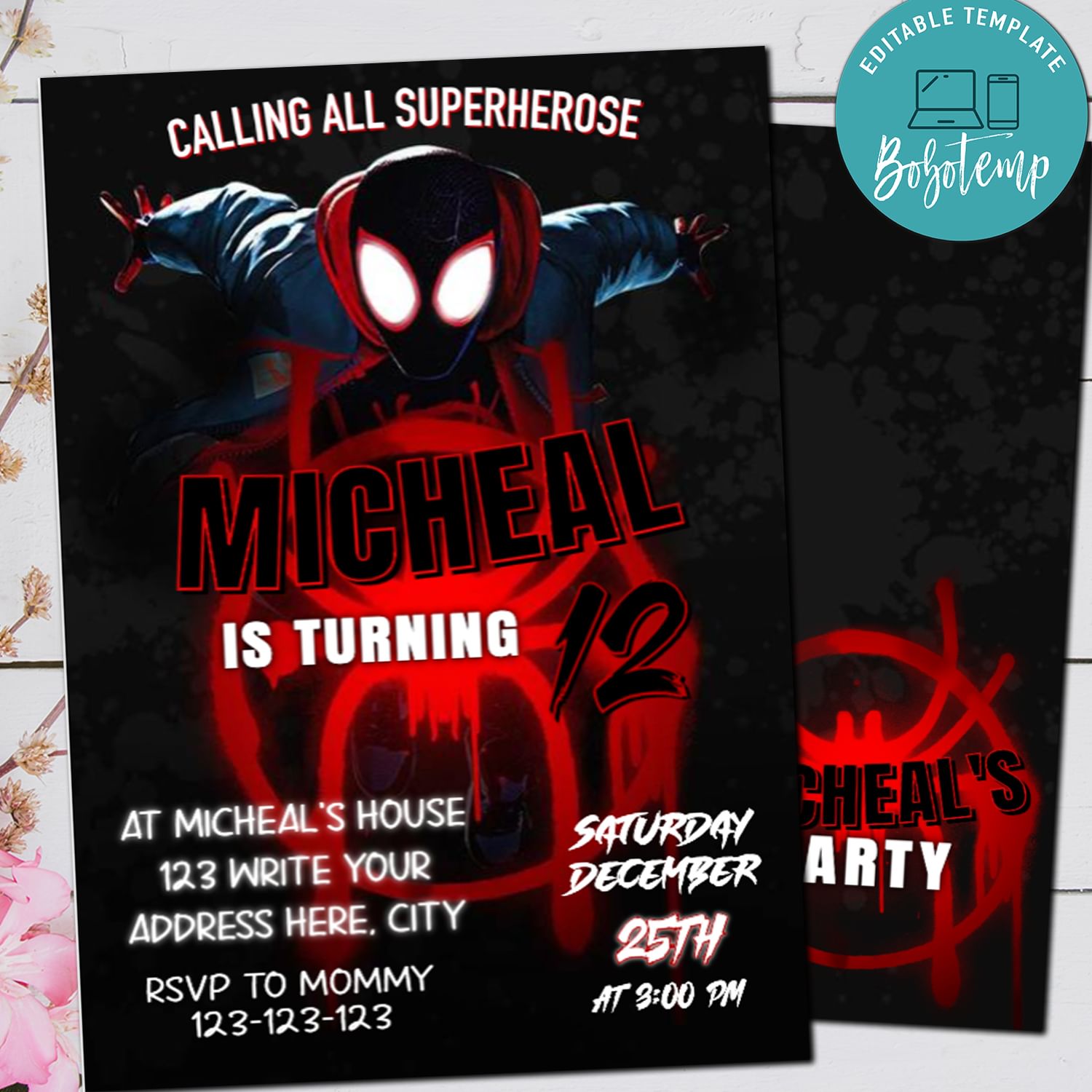Editable Miles Morales - Into the Spiderverse Birthday Flyer | Bobotemp